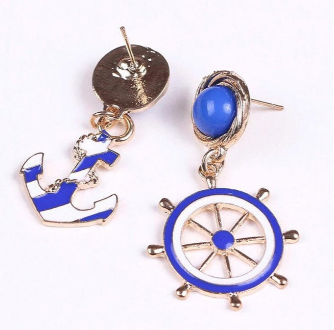 European and American style fashion accessories blue and white naval wind anchor earrings