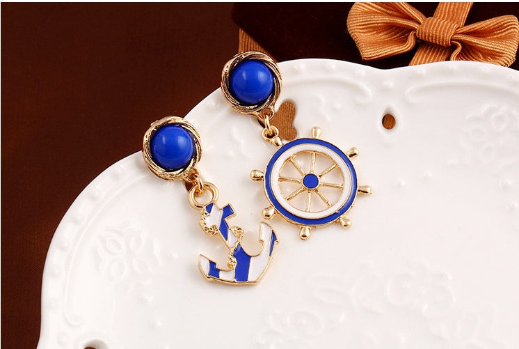 European and American style fashion accessories blue and white naval wind anchor earrings